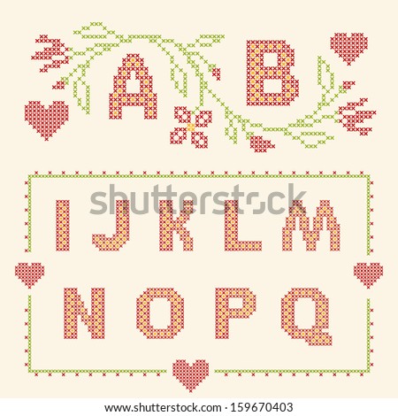 Design elements for cross-stitch embroidery. Red and green, vector illustration. Floral frame for one letter and letters I-Q.