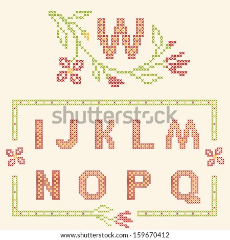 Design elements for cross-stitch embroidery. Red and green, vector illustration. Floral frame for one letter and letters I-Q.