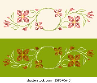 Design elements for cross-stitch embroidery in Ukrainian traditional ethnic style. Red and green, vector illustration.