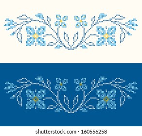 Design elements for cross-stitch embroidery in Ukrainian traditional ethnic style. Blue colors, vector illustration.