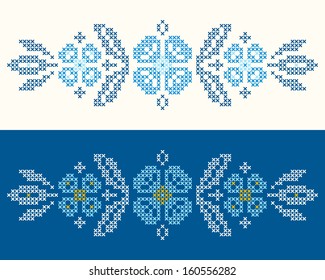 Design elements for cross-stitch embroidery in Ukrainian traditional ethnic style. Blue colors, vector illustration.
