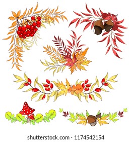 Design elements for decoration. Corners and curbs. Mushrooms, autumn foliage, mountain ash and cranberry