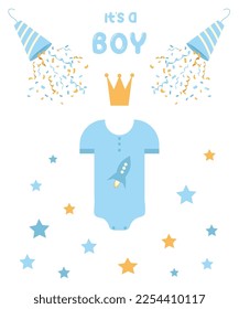 Design elements and decorations for a boy, for the design of a postcard, poster, invitation, print on fabric, for congratulations on the newborn, vector flat illustration