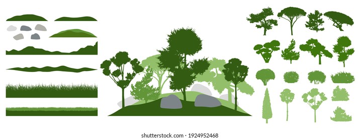 Design elements of decorative tree, collection. Constructor. Silhouettes of beautiful decorative trees, bonsai and pine, bush, other trees. Creation of beautiful landscaped garden. Vector illustration