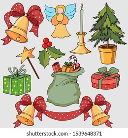 design elements, drawings in bright colors, Christmas and New Year set, Christmas tree, gifts, bells, angel