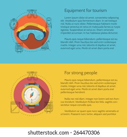 Design elements for equipment and accessory for hike and mountaineering on colored backgrounds with sample text for your business or website. Flat vector illustration