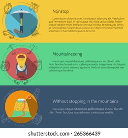 Design elements for equipment and accessory for rock climbing and mountaineering on colored backgrounds with sample text for your business or website. Flat vector illustration