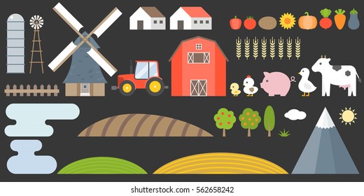 Design elements of farm and barn collection include animal, field, vegetable, tractor and construction, flat style vector illustration