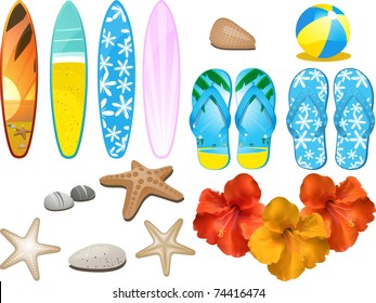 Design elements with flip flops, surfboards, hibiscus flower and other beach related objects