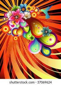 design elements and flowers burst forth while a hummingbird hovers near