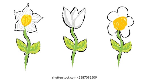 Design elements of flowers in crayon style
