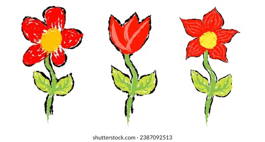 Design elements of flowers in crayon style