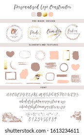 Design elements and font for logo creation. Pre made logos set. Brush strokes, shapes for business, branding style.