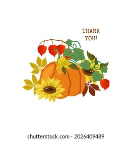 Design elements in the form of leaves, sunflowers, pumpkins and physalis flowers. A collection of autumn themed clip arts, elements for cards, invitations, frames, etc. Vector illustration.