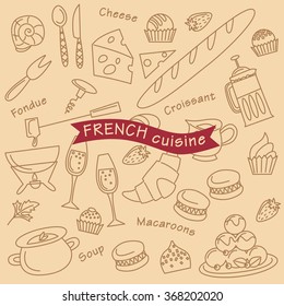 Design elements of French food. Set of doodles can be used for patterns and backgrounds.