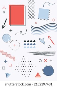 Design elements with geometric shapes, patterns and lines, inspired by nautical blue and red color scheme. EPS10 vector