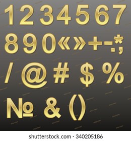 Design elements - gold 3D font, numbers and symbols. Set. Vector illustration EPS10.