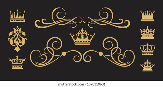 Design elements. Gold on black. Vector, set 1.