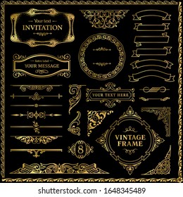 Design elements gold set, decorative flourish border corner and frame collection for invitation, menu and page decoration