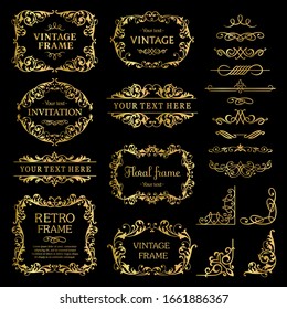 Design Elements Gold Set, Decorative Flourish Border Corner And Frame Collection For Invitation, Menu And Page Decoration