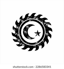 Design elements for graphic design. Grunge crescent and star illustration and saw blade.