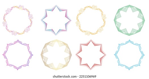 Designelemente guilloche. Weiche Regenbogenfarbe. Linearer Hintergrund. polygonale Linien. Schutzschicht für die Vorlage von Banknoten, Diplomen und Zeugnissen. Vektorgrafik EPS10