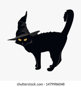 Design elements for halloween. Halloween characters. Black cat in a black hat on a white background.