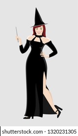Design elements for halloween. Halloween characters. Young witch in a black dress and a cap with a magic wand in hand on a gray background.