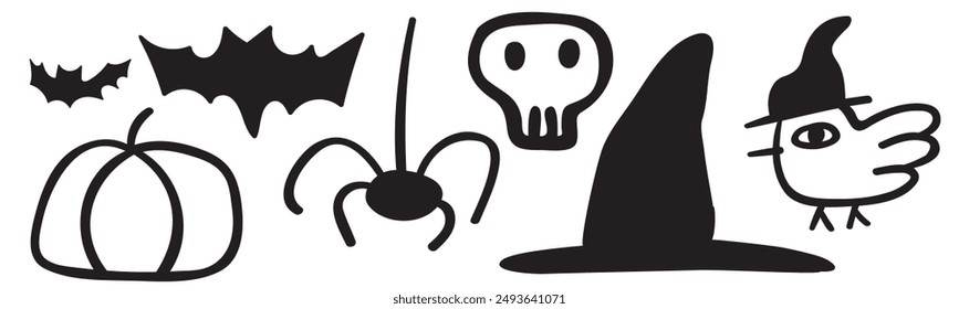 Design elements for Halloween party. Outline vector illustrations on white background. 