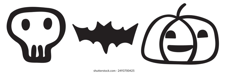 Design elements for Halloween party. Skull, bat, pumpkin. Outline icons. Hand drawn illustration on white background.