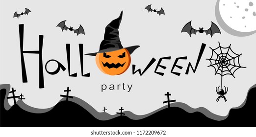 Design Elements for Halloween. Halloween Symbols. Banner with text Halloween party. Pumpkin in a hat