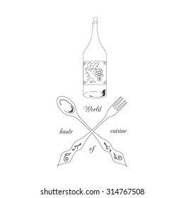 Design elements for haute cuisine with folk, spoon and bottle of wine