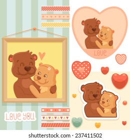 Design elements, hearts and cute cartoon rabbits