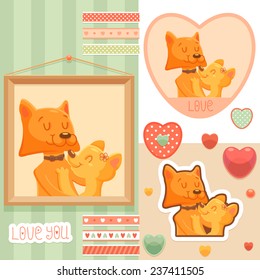 Design elements, hearts and cute cartoon foxes