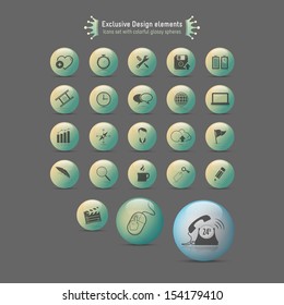 Design elements: icons set with colorful glossy spheres 