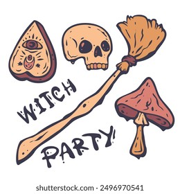 Design elements and illustrations. Set of Halloween, holiday, spooky. Doodle cartoon style. Vector. Witch set. Mushroom, Luigi's board, skull, broom.