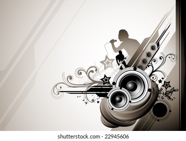 Design elements including a singer, guitarist and other musicial elements.