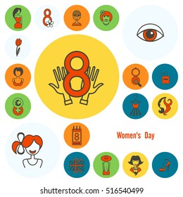 Design Elements for International Womens Day March 8, Icons. Vector