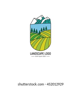 Design elements with isolated nature landscape - mountains, hills, lake and trees. Logo concepts. Vector label in mono line style