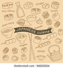 Design elements of Japanese food. Set of doodles can be used for patterns and backgrounds.