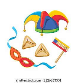 Design elements for Jewish holiday Purim, jester's cap, wooden grogger, hamantaschen cookies, carnival mask. Vector illustration