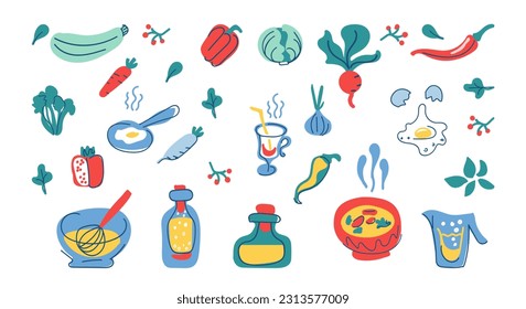 Elementos de diseño para utensilios de cocina, bebidas y productos. Ilustración dibujada a mano plana. Color clipart de los ingredientes para cocinar. Utensilios de cocina. Artículos aislados de dibujos animados escandinavos Isolate