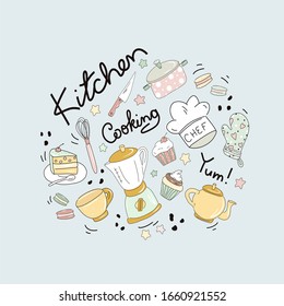 Design elements of kitchen utensils and household appliances. Cooking flat hand drawn illustrations set. Everything for making desserts. Scandinavian style.
