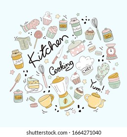 Design elements of kitchen utensils and household appliances. Cooking flat hand drawn illustrations set. Everything for making desserts. Scandinavian style.