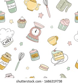 Design elements of kitchen utensils and household appliances. Cooking flat hand drawn illustrations set. Everything for making desserts. Scandinavian style. Seamless pattern.