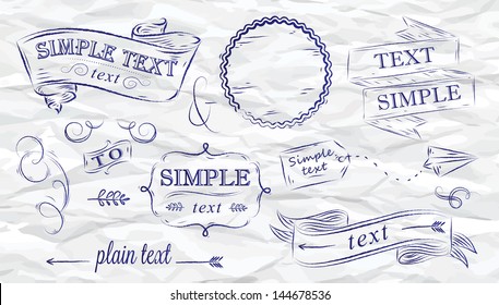 Design elements label, decoration, ribbon, arrow drawing with color ink on crumpled paper background