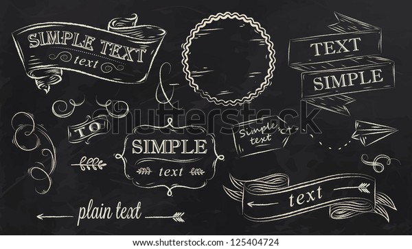 Design elements label, decoration,\
ribbon, arrow drawing with chalk on black\
background