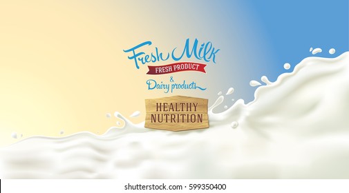 Design Elements For Label Or Packaging Of Dairy Products - Splash Of Milk, With A Set Of Inscription.