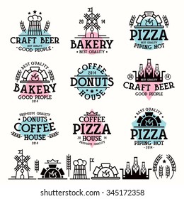 Design elements and labels for bakery, cafe, pizzeria and craft beer. Color print on white background