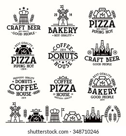 Design elements and labels for bakery, cafe, pizzeria and craft beer. Black print on white background